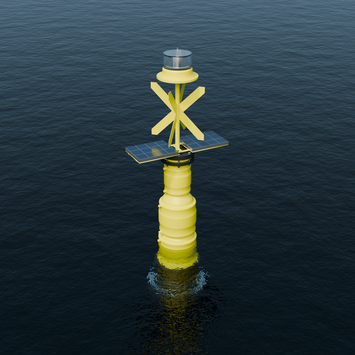 B600-10 buoy with lowered solar panels, a cross and a navigation light with a clear lens.