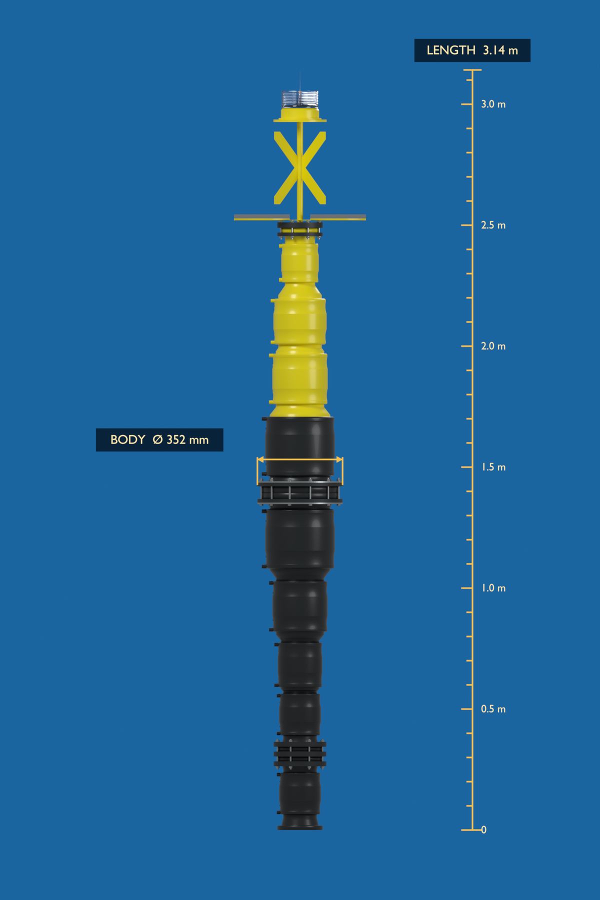 B600-10 side catalogue view with lowered solar panels, 3.14 m overall length and 352 mm body diameter.