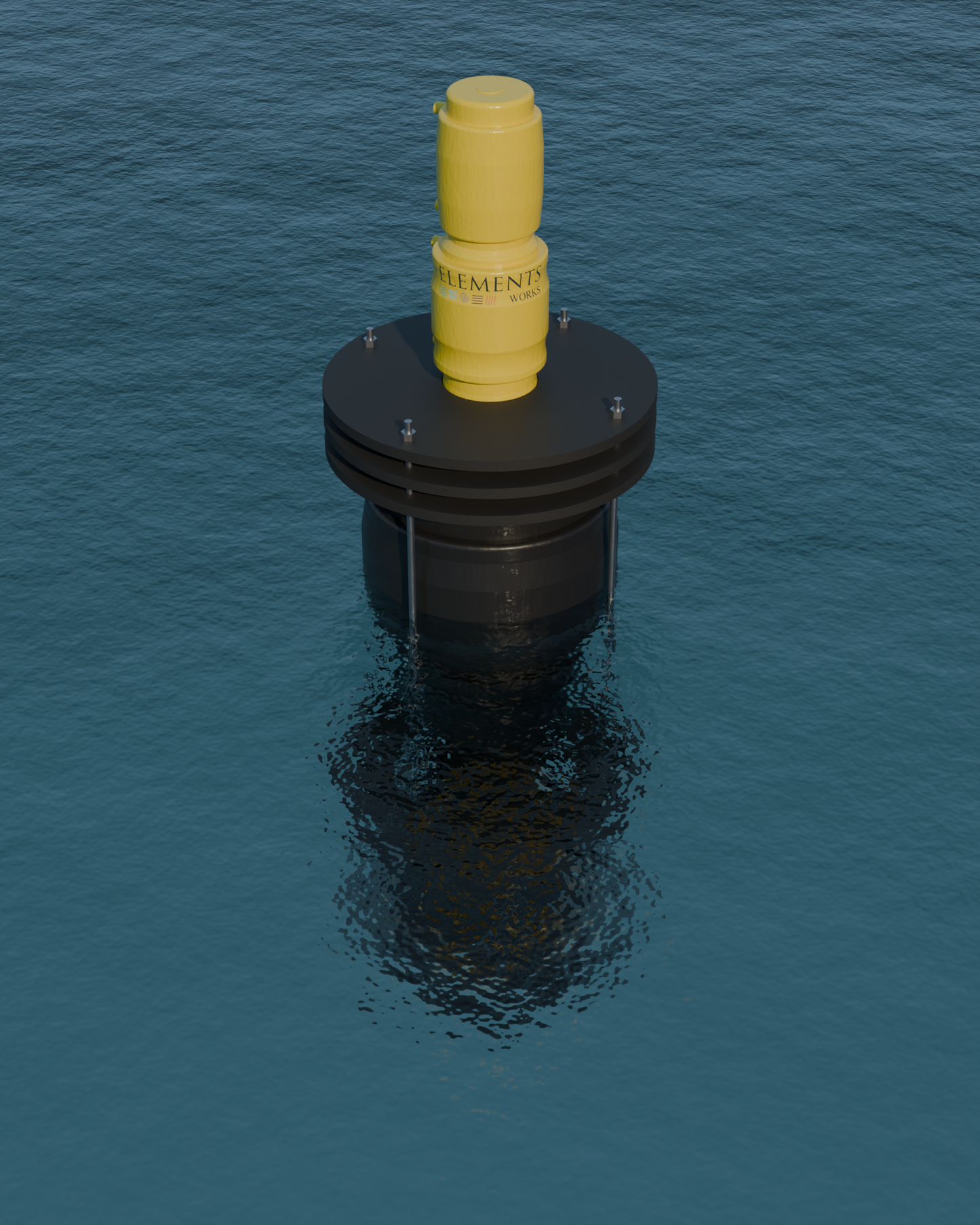 netH₂O B770 smart water-quality buoy floating at sea, Elements Works logo on the mast (corrected)
