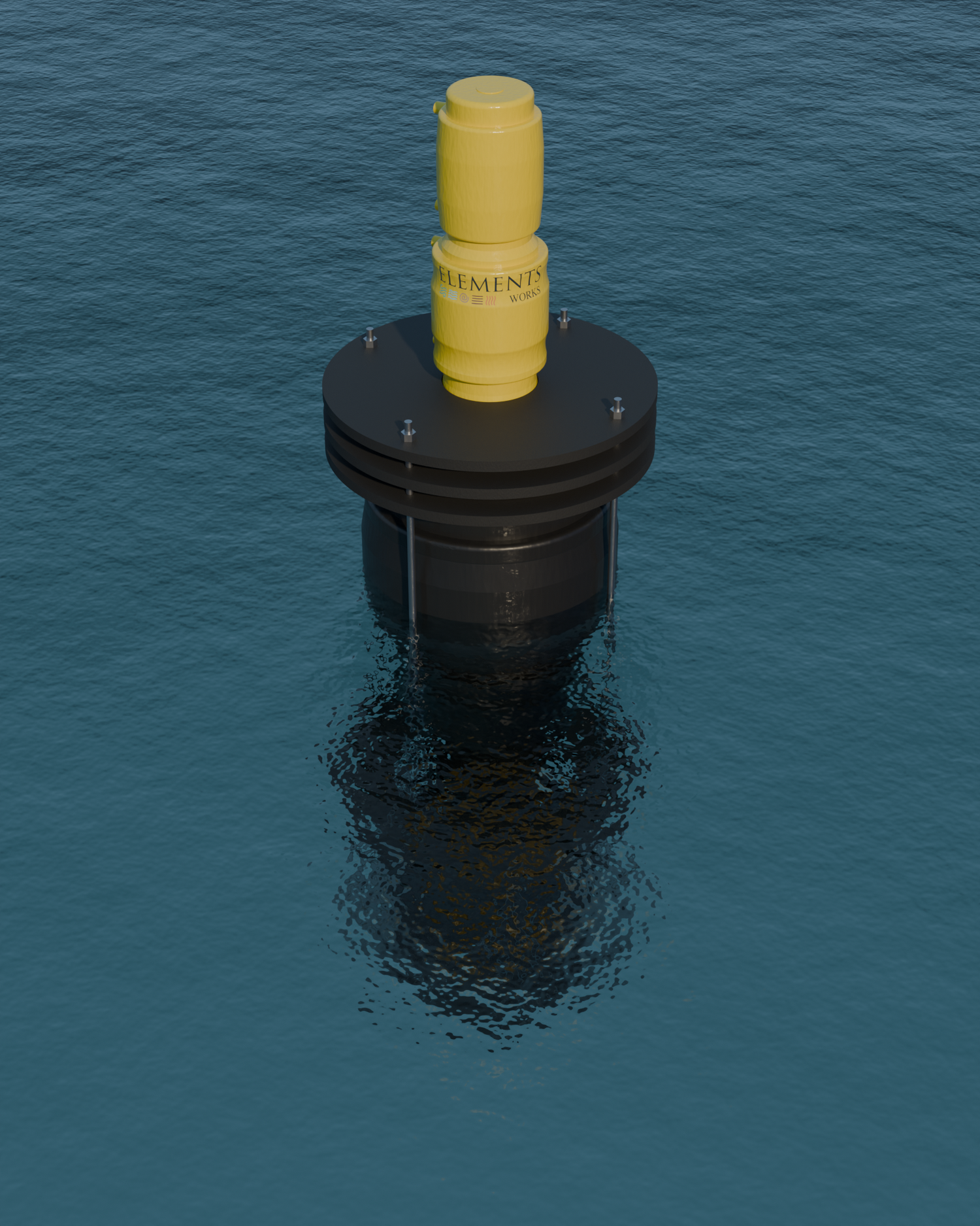 netH₂O B770 smart water-quality buoy floating at sea, Elements Works logo on the mast (corrected)