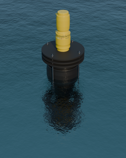 netH₂O B770 smart water-quality buoy floating at sea, Elements Works logo on the mast (corrected)
