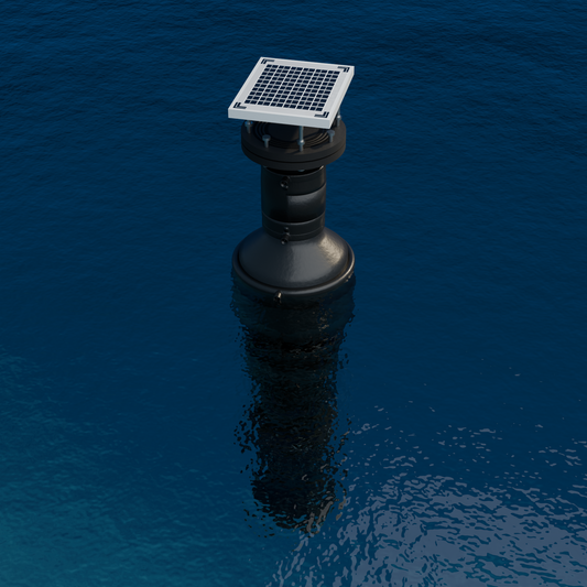 netH₂O B200-5 buoy220 with 5 W solar panel — perspective in-water Blender render