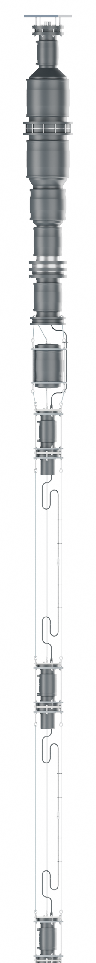 Ten-pod deployment example, upper section: B200-5 buoy, support float and upper sensor pods.