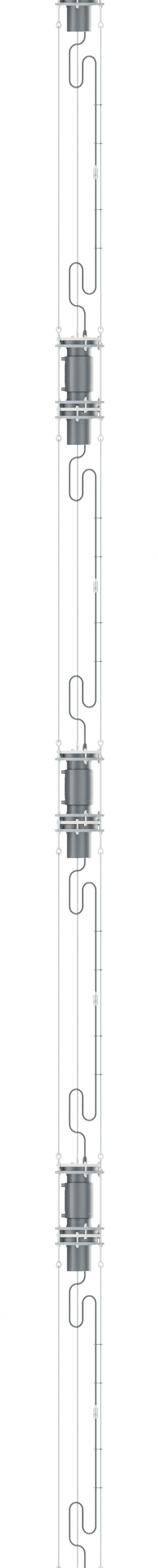 Ten-pod deployment example, middle section: sensor pods, support ropes and connected power and data cable.