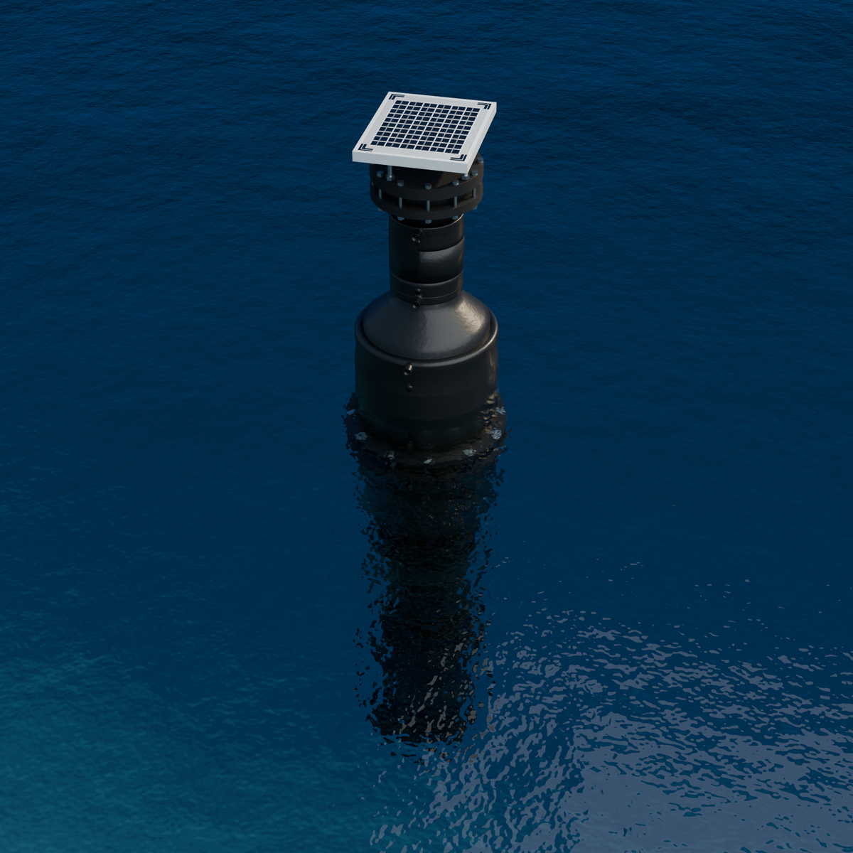 netH₂O B200-5 extended buoy with 5 W solar panel and 10 kg ballast — Blender render in seawater with the bell full of air