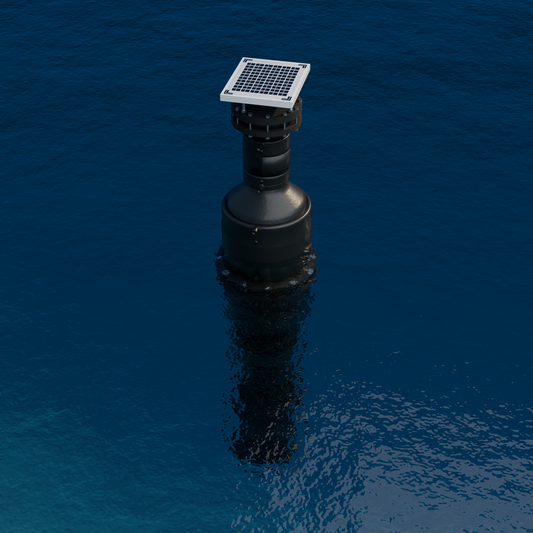 netH₂O B200-5 extended buoy with 5 W solar panel and 10 kg ballast — Blender render in seawater with the bell full of air