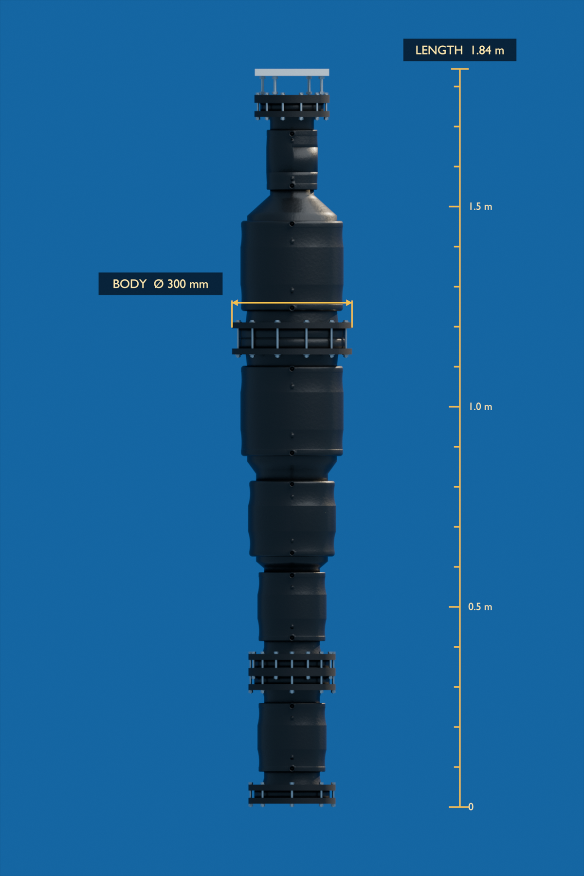 netH₂O B200-5 extended buoy with 5 W solar panel — dimensioned side view, length 1.84 m and body diameter 300 mm